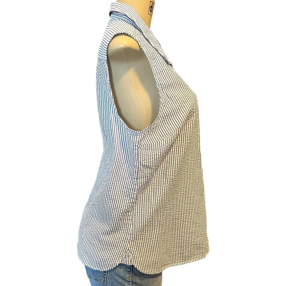 Tommy Hilfiger Seersucker Blue and White Striped Button Down Sleeveless Top - Picture 8 of 13